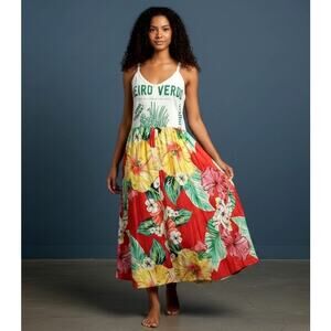 FARM Rio Cheiro Verde Tropical Maxi Dress Size  L Parrot Hibiscus Floral Brazil